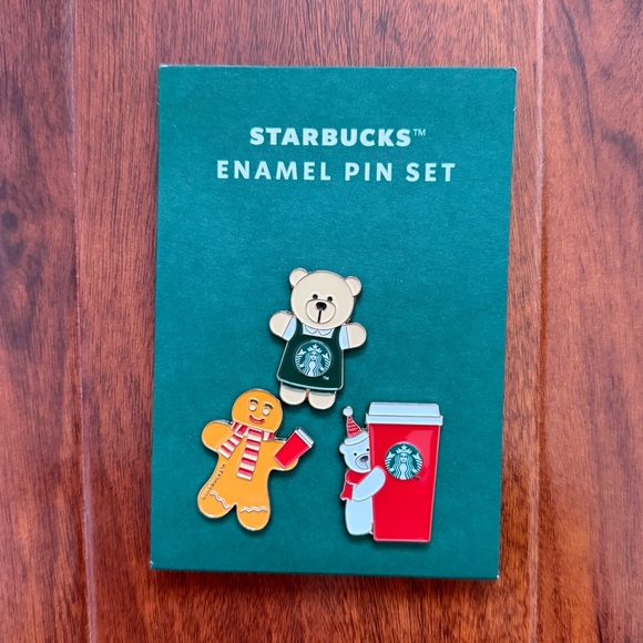 Starbucks Accessories - 🆕 Starbucks 2025 Holiday Enamel Pin Set (Barista, Gingerbread & Bear Cup)